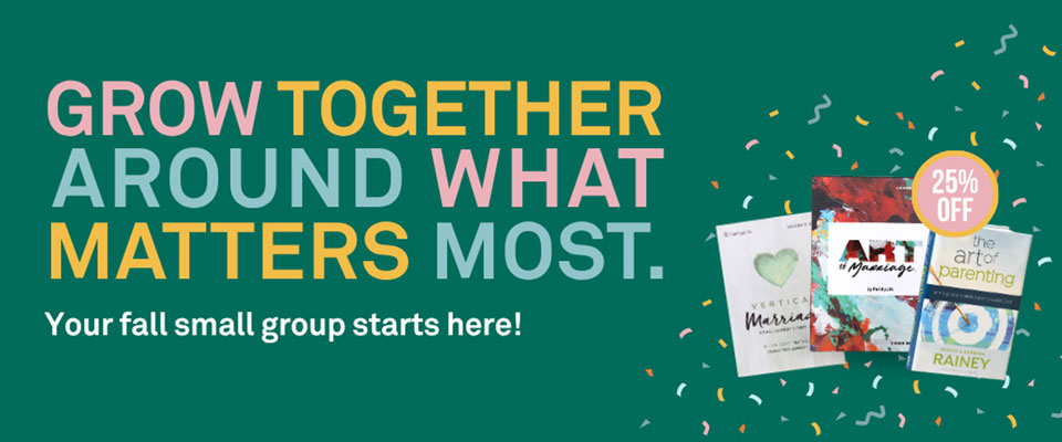 Pastel colored words, which read, 'Grow Together Around What Matters Most. Your fall small group starts here!" with a group of books on the bottom right corner with confetti falling, and a 25% off sale sticker, all on top of a dark green background.