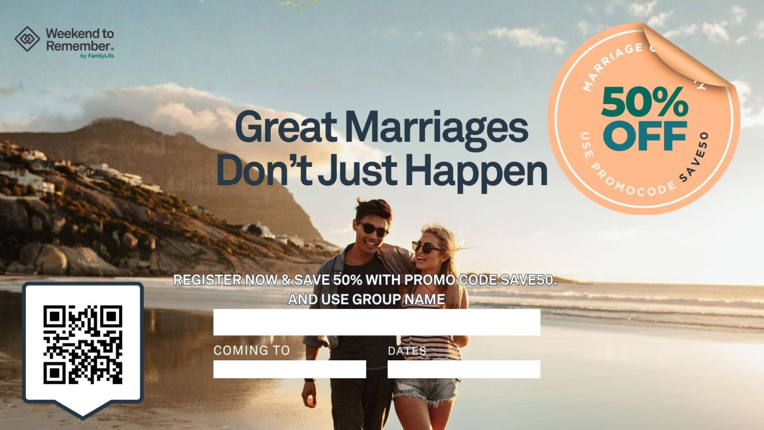 Marriage Champion Powerpoint Slide 50% OFF with QR code, fillable form - Great Marriages Don't Just Happen, for Weekend to Remember®
