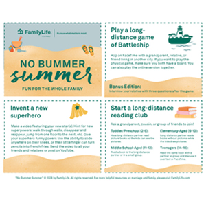 Thumbnail display of the first four cards from the FamilyLife® content offer for a downloadable PDF named 'No Bummer Summer - Fun for the Whole Family'.