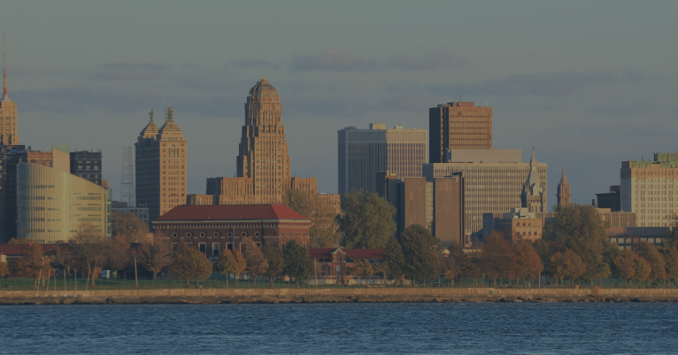 A view across the Buffalo River toward the city skyline of Buffalo, New York, a location of FamilyLife's Weekend to Remember® marriage retreat event.