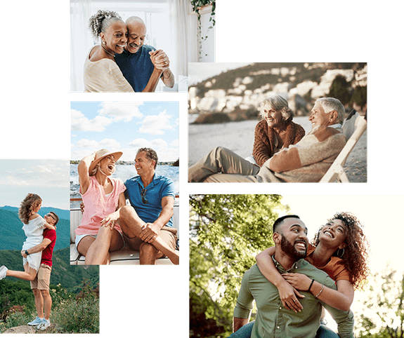 A collage of images showing couples of various ages and races embraced and happy.