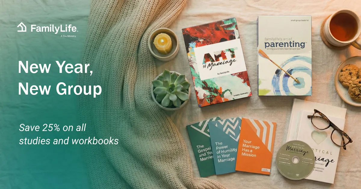 New Year, New Group: Save 20% on all studies and workbooks! Display of books, workbooks, DVD small group resources on a table set with cookies and tea and announcing 25% off all studies and workbooks from FamilyLife®