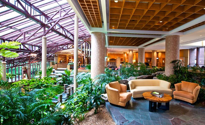A view from within the central atrium area inside the Crowne Plaza Atlanta Perimeter - Ravinia hotel in Atlanta, a location of FamilyLife's Weekend to Remember® marriage retreat event