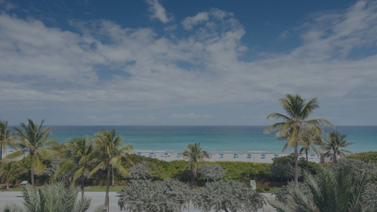 A wide-angle view of the ocean and beach overlooking coconut palms, sand dunes, and a line of cabanas and beach chairs waiting to be enjoyed on Delray Beach, Florida, a location of FamilyLife's Weekend to Remember® marriage retreat event.