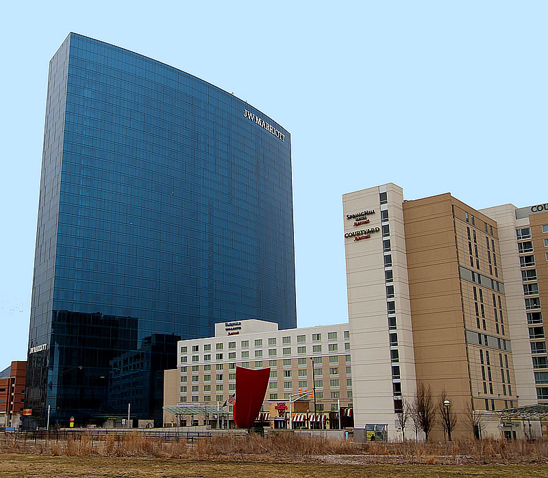 A street view looking up at the Indianapolis Marriott Downtown hotel in Indianapolis, Indiana, a location of FamilyLife's Weekend to Remember® marriage retreat event