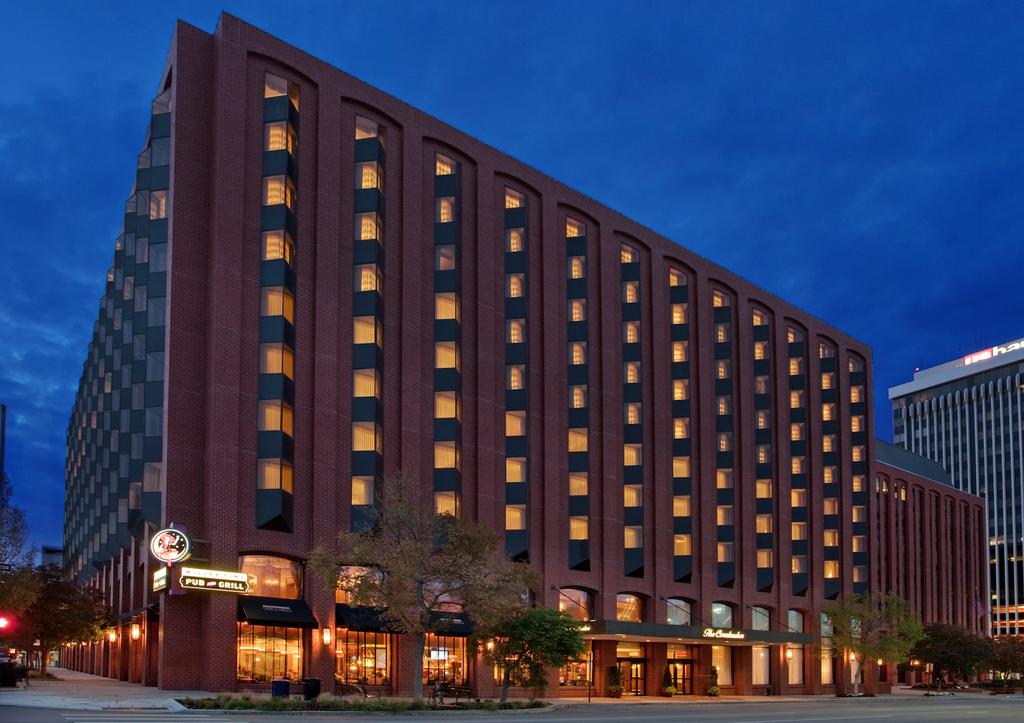 An early morning lighted streetside view looking up at The Cornhusker, a Marriott Hotel in Lincoln, Nebraska, a location of FamilyLife's Weekend to Remember® marriage retreat event