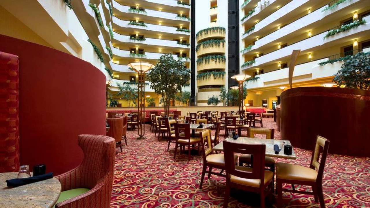 A seated view from a table within the restaurant located in the center indoor courtyard area of the Madison Marriott West hotel in Madison, Wisconsin, a location of FamilyLife's Weekend to Remember® marriage retreat event