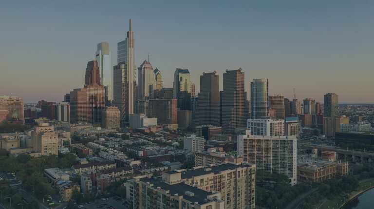 An aerial view of the cityscape of buildings that make up the downtown area of Philadelphia, Pennsylvania, a location of FamilyLife's Weekend to Remember® marriage retreat event.