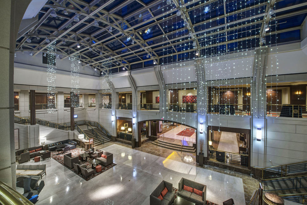 A view looking up toward the sky through the glass ceiling from inside the central atrium of the Hyatt Regency in Reston, Virginia, a location of FamilyLife's Weekend to Remember® marriage retreat event