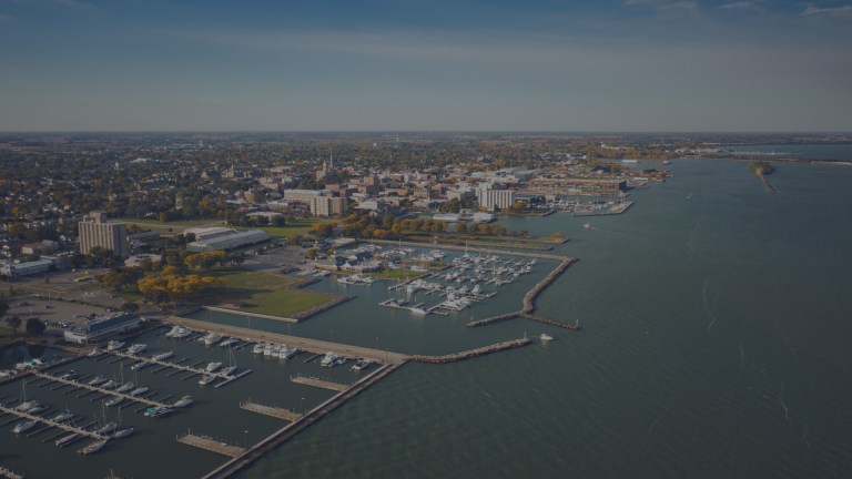 An aerial view over the large marina on Sandusky Bay, which is directly adjacent to the city of Sandusky, Ohio, a location of FamilyLife's Weekend to Remember® marriage retreat event.
