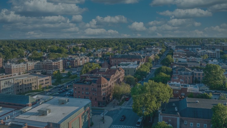 An aerial view of the downtown area of Saratoga Springs, New York, a location of FamilyLife's Weekend to Remember® marriage retreat event.