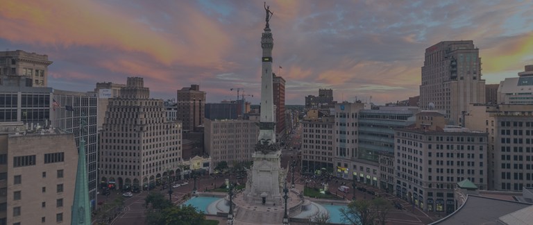 Colorful city skyline view of the central downtown area of Indianapolis, Indiana, a location of FamilyLife's Weekend to Remember® marriage retreat event.