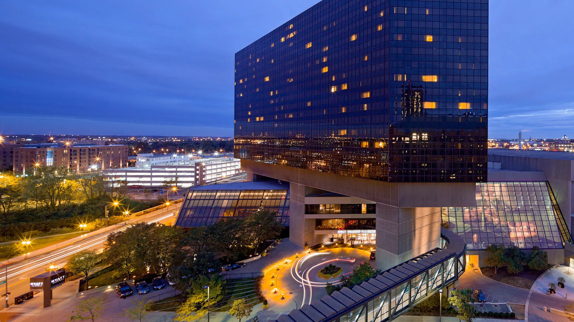An early morning lighted view looking up at the Hyatt Regency Columbus Hotel in Columbus, Ohio, a location of FamilyLife's Weekend to Remember® marriage retreat event