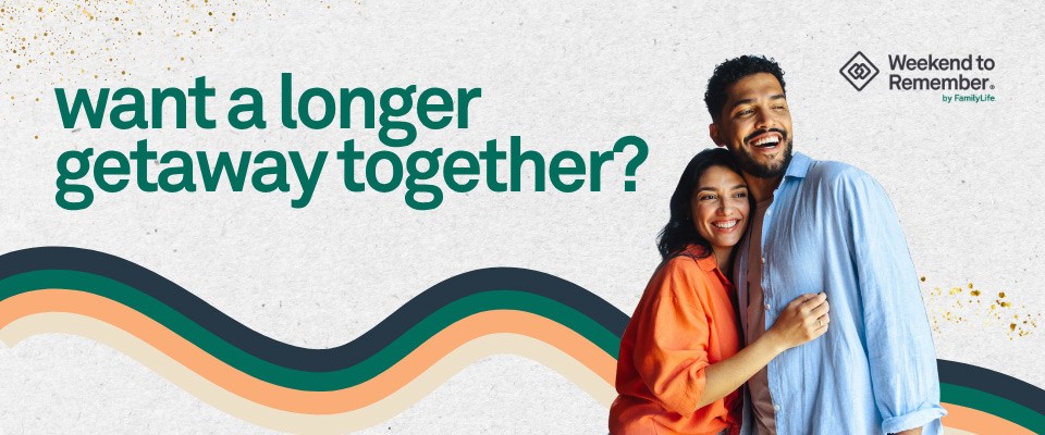 Want a longer getaway together? an artistic CTA image ad with a married couple embracing for Weekend to Remember®